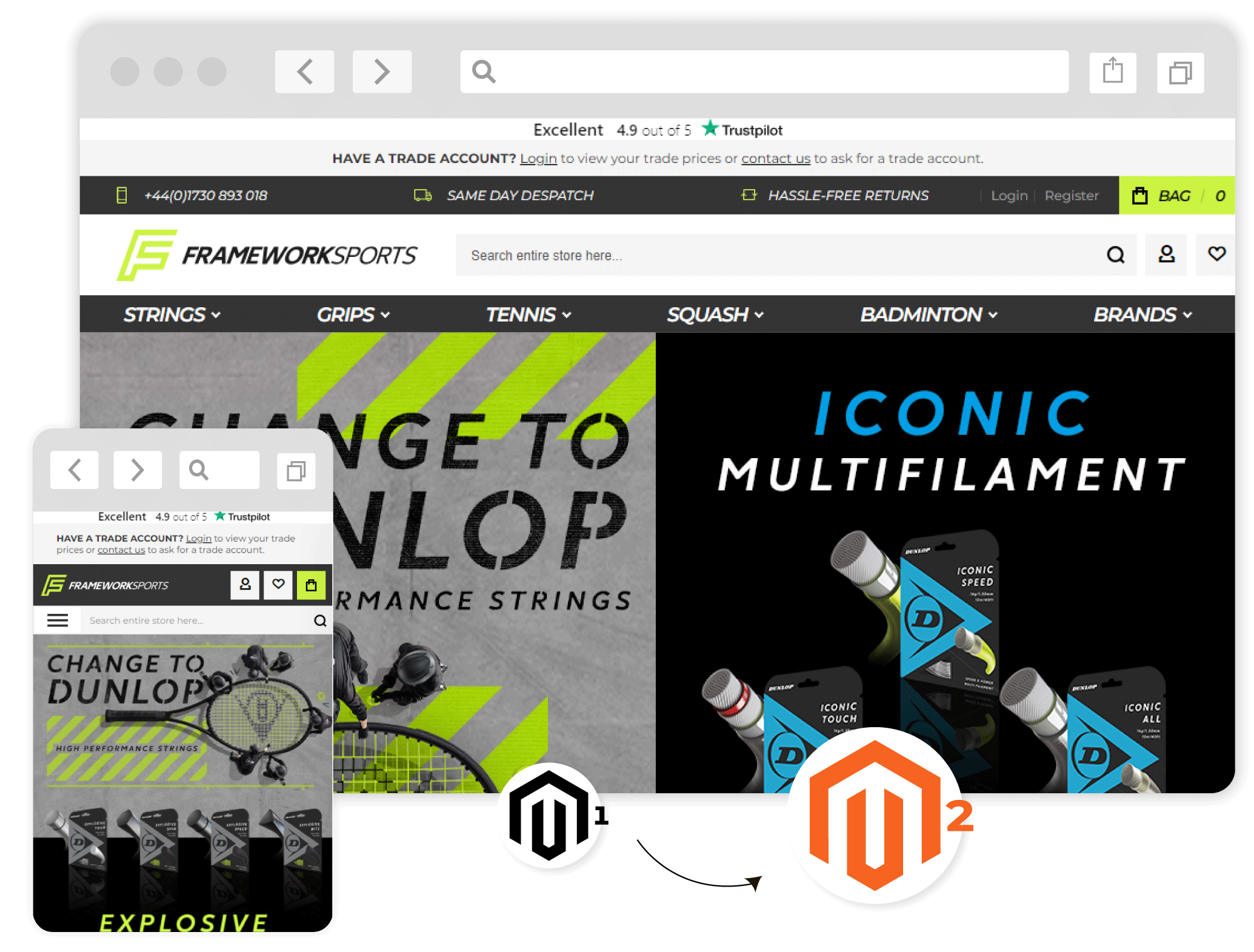 Frameworksports.com homepage banner explaining Magento 1 to Magento 2 migration